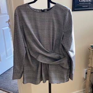 unusual plaid houndstooth top, twist asymmetrical detail at front, XL EUC